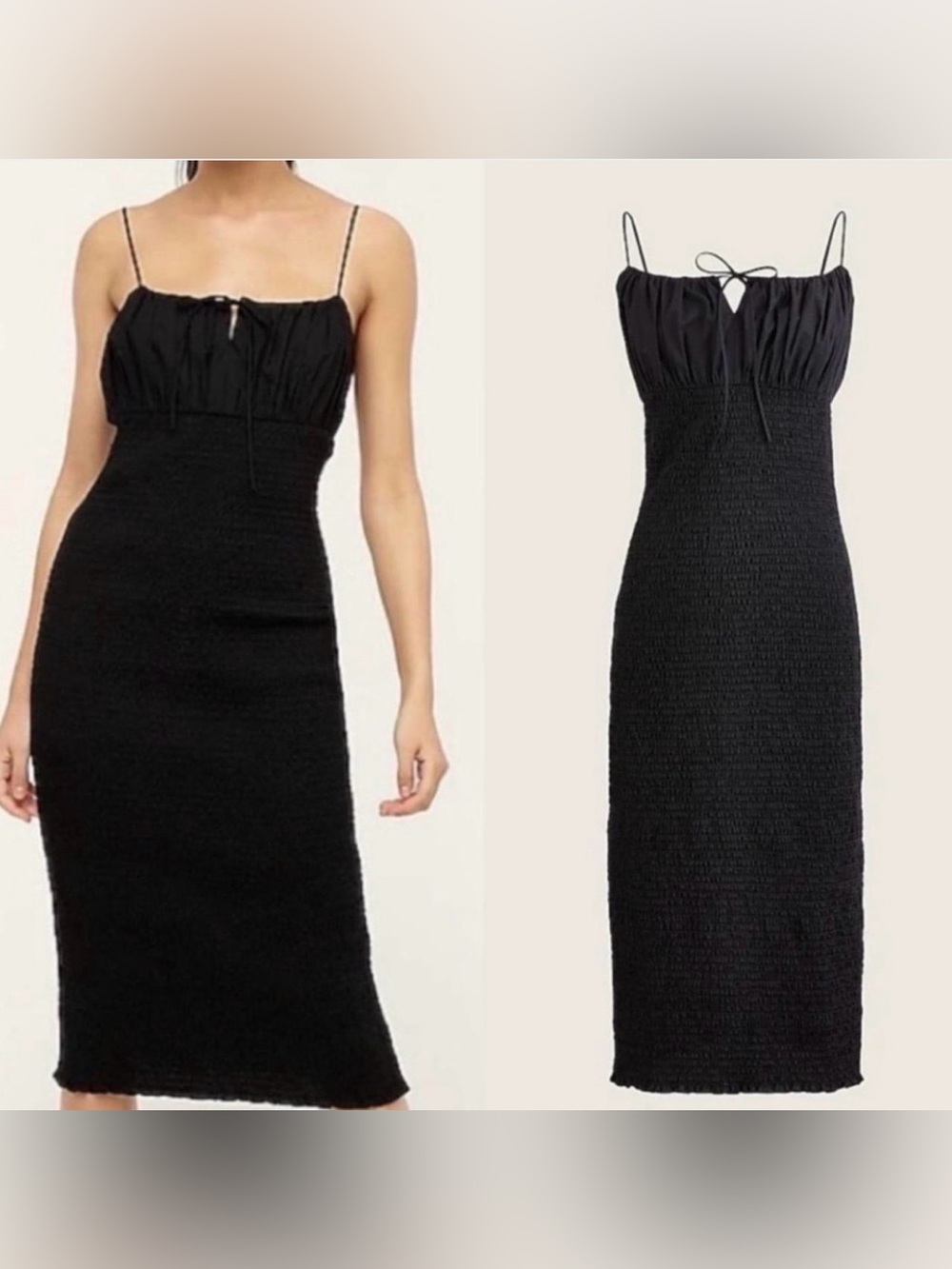 J. Crew Black Smocked Tie-Front Spaghetti-Strap Midi Dress